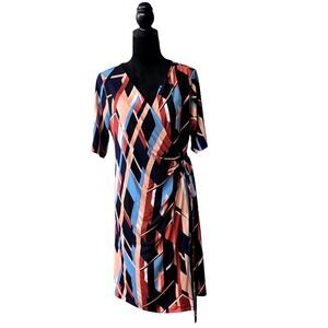 Motherhood Maternity Wrap Dress XL Geometric Abstract Print Navy Rust Blue NWT